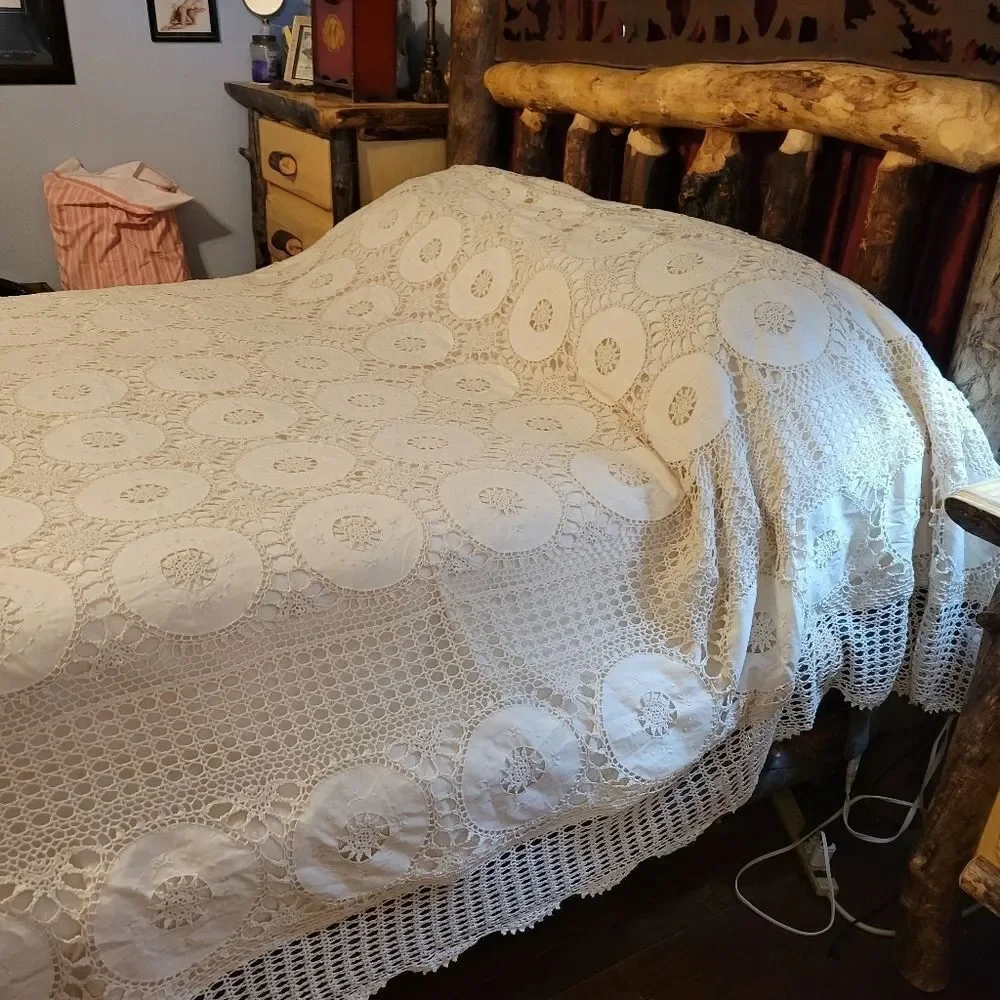 Antique Vintage Hand Crochet Lace King Size Duvet Cover Off-white Cream